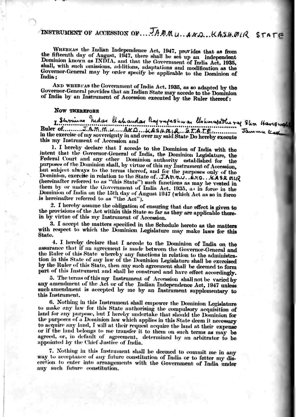 The first page of the typed Instrument of Accession of Jammu and Kashmir to India, headed 'Instrument of Accession of Jammu and Kashmir State', signed by Maharaja Hari Singh in October 1947.