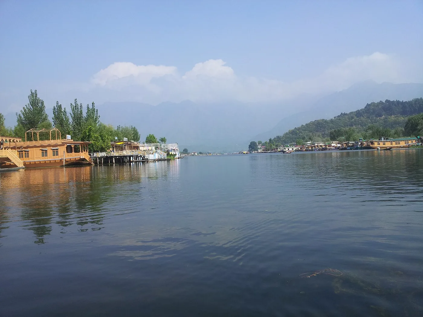 A photograph of wooden houseboats moored along the shore of Dal Lake in Srinagar, with poplar trees and hills behind.