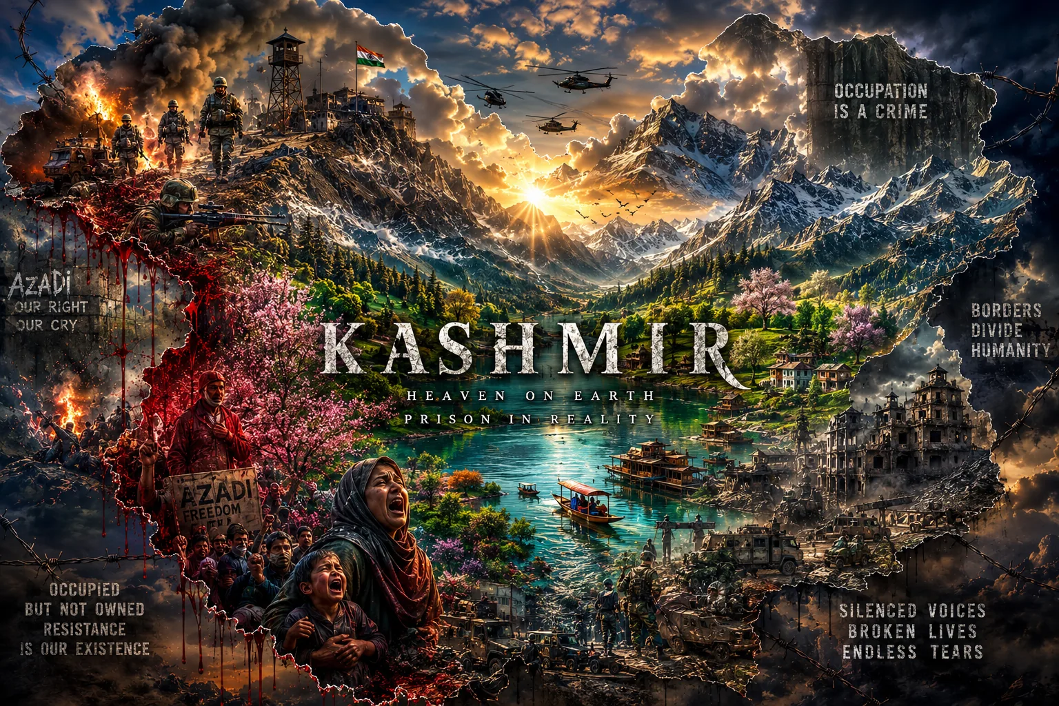 An original composite artwork in the shape of the former princely state of Jammu and Kashmir. Inside the outline the territory is split between two futures: on the right, snow peaks at sunrise, blossoming orchards, a turquoise lake with houseboats and shikaras, and chinar-shaded villages. On the left and along the bottom, the same land under occupation — armoured vehicles, a watchtower flying the Indian flag, soldiers advancing, helicopters overhead, a burning vehicle, ruined buildings, a crowd of masked protesters, a man holding a placard reading AZADI FREEDOM, and in the foreground a mother crying out while holding a crying child. Red runs down the left edge of the outline like blood, and barbed wire crosses the corners. Set into the corners are the lines OCCUPATION IS A CRIME, BORDERS DIVIDE HUMANITY, AZADI — OUR RIGHT OUR CRY, OCCUPIED BUT NOT OWNED — RESISTANCE IS OUR EXISTENCE, and SILENCED VOICES, BROKEN LIVES, ENDLESS TEARS. Across the centre, in large letters, KASHMIR, and beneath it HEAVEN ON EARTH, PRISON IN REALITY.
