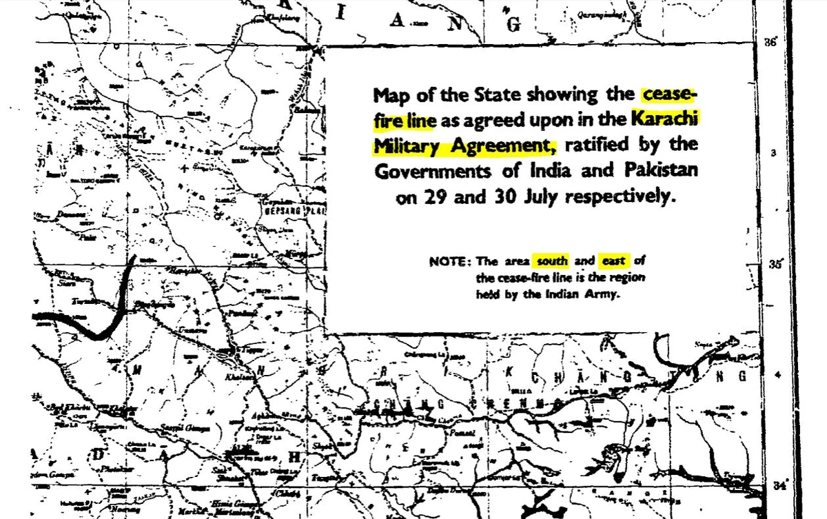 A United Nations map of the state of Jammu and Kashmir showing the cease-fire line agreed under the Karachi Agreement, ratified by the governments of India and Pakistan on 29 and 30 July 1949.