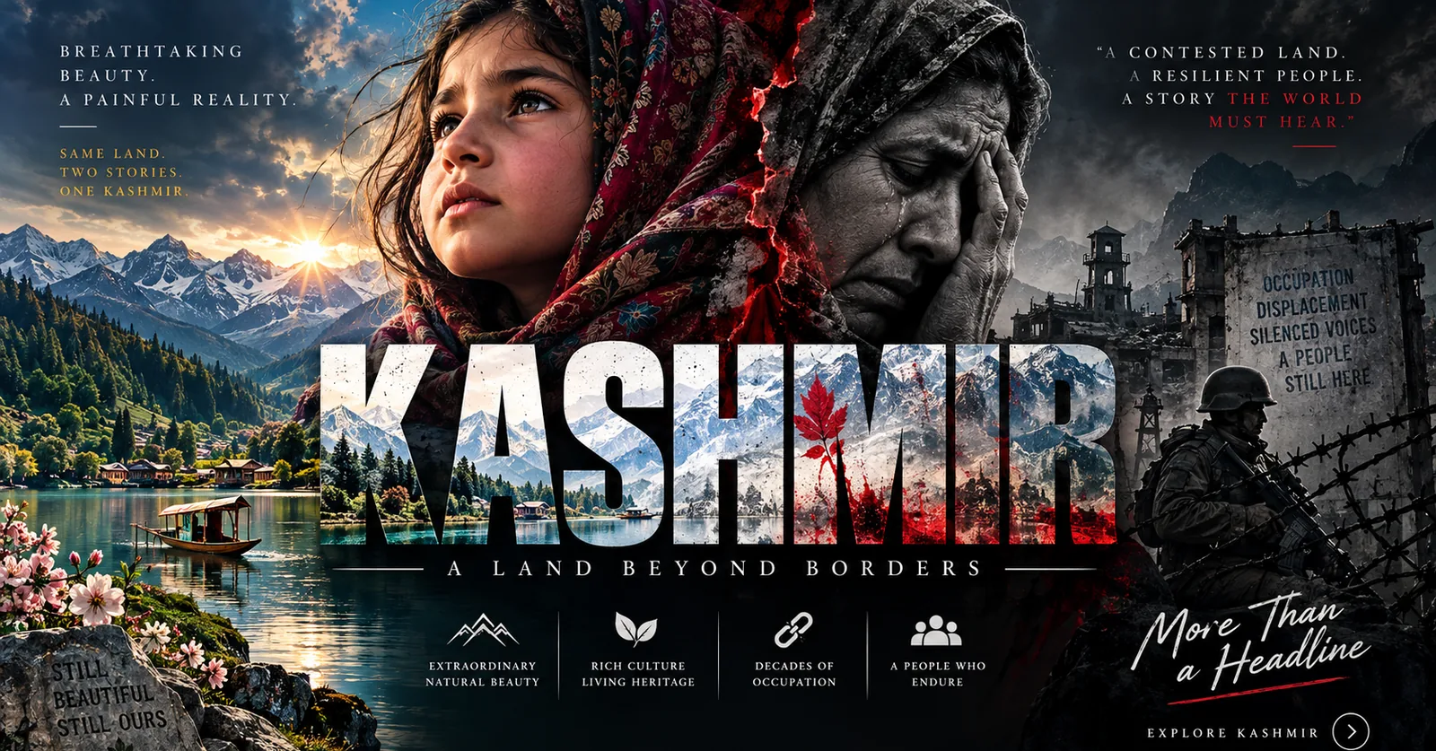An original composite artwork used as this site's opening image. The frame is split between two versions of the same country. On the left, snow peaks at sunrise above pine forest, a turquoise lake with a wooden shikara, chinar-shaded houses and cherry blossom over rocks; carved into a boulder in the foreground are the words STILL BEAUTIFUL, STILL OURS. In the centre, the face of a young girl in an embroidered headscarf looks upward, and beside her the face of an elderly woman rests in her hand, weeping, rendered in grey. On the right the picture turns to ruin: a watchtower, shelled buildings, a soldier with a rifle behind barbed wire, and a broken concrete wall stencilled OCCUPATION, DISPLACEMENT, SILENCED VOICES, A PEOPLE STILL HERE. Across the middle in tall letters is the word KASHMIR, filled with the landscape itself and bleeding into red on its right-hand side, with the line A LAND BEYOND BORDERS beneath it. Set into the upper corners are the lines BREATHTAKING BEAUTY, A PAINFUL REALITY; SAME LAND, TWO STORIES, ONE KASHMIR; and A CONTESTED LAND, A RESILIENT PEOPLE, A STORY THE WORLD MUST HEAR. Along the lower edge four captions read EXTRAORDINARY NATURAL BEAUTY, RICH CULTURE LIVING HERITAGE, DECADES OF OCCUPATION, and A PEOPLE WHO ENDURE. In the lower right, in script, MORE THAN A HEADLINE.